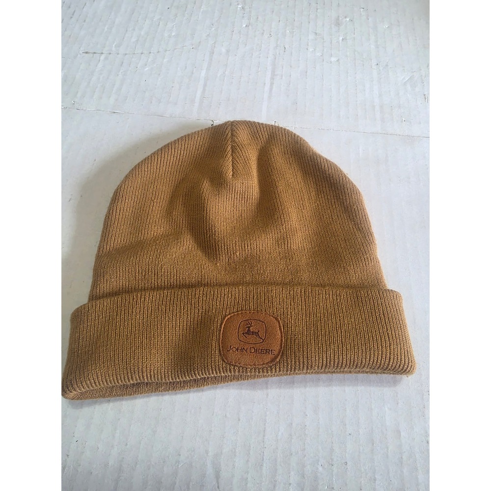 John Deere Brown Cuffed Beanie Hat Faux Leather Logo Patch Acrylic Knit One Size